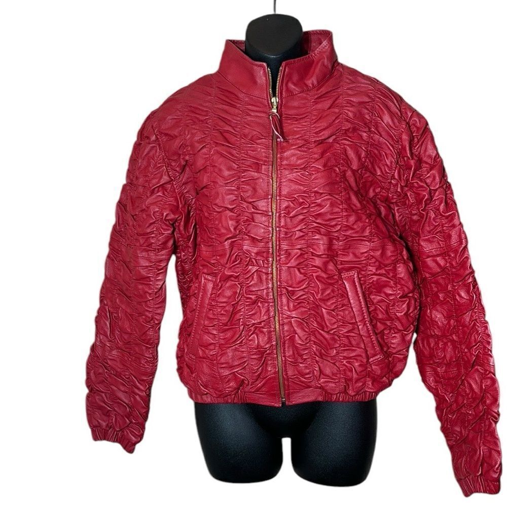 Shebang vintage leather jacket‎ red ruched unique artsy moto medium edgy